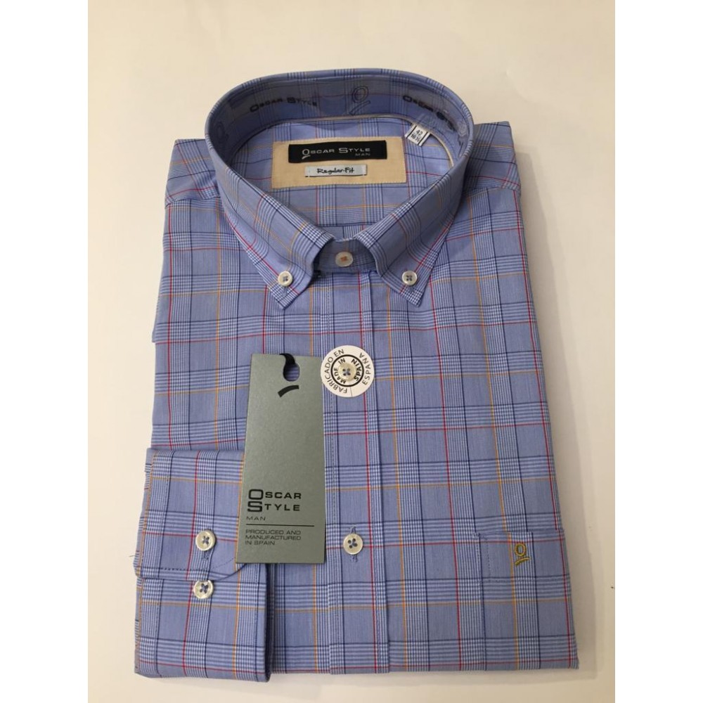 Camisa m/l Oscar Style cuadros, con bolsillo. - 1