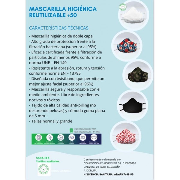 Mascarilla higiénica reutilizable 50 lavados, mod. camuflaje.