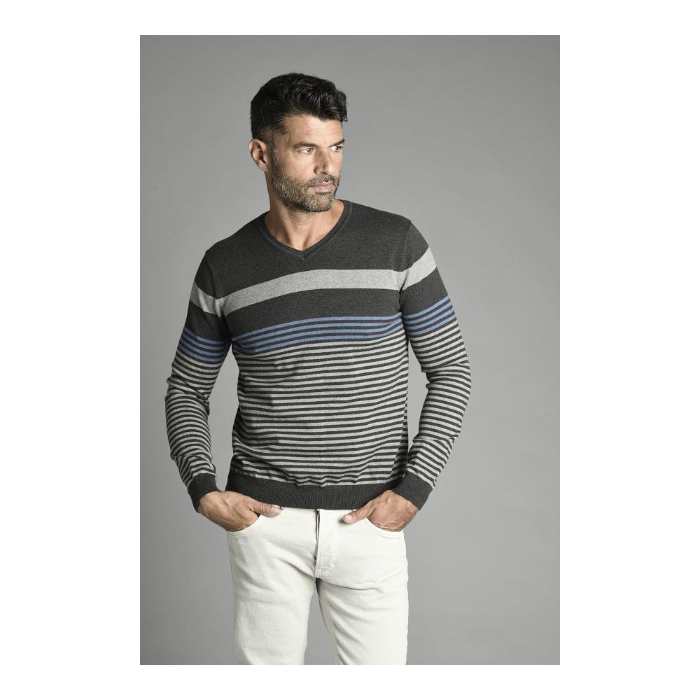 Jersey rayas cuello pico, color gris marengo, diseño Cariñena, de Rever - 1