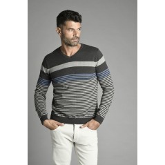 Jersey rayas cuello pico, color gris marengo, diseño Cariñena, de Rever - 1